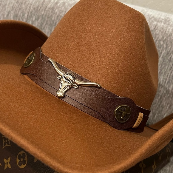 NEW Coffee Brown Bull Accent Faux Leather Band Felt Cowboy Cowgirl Western Hat - Picture 5 of 9